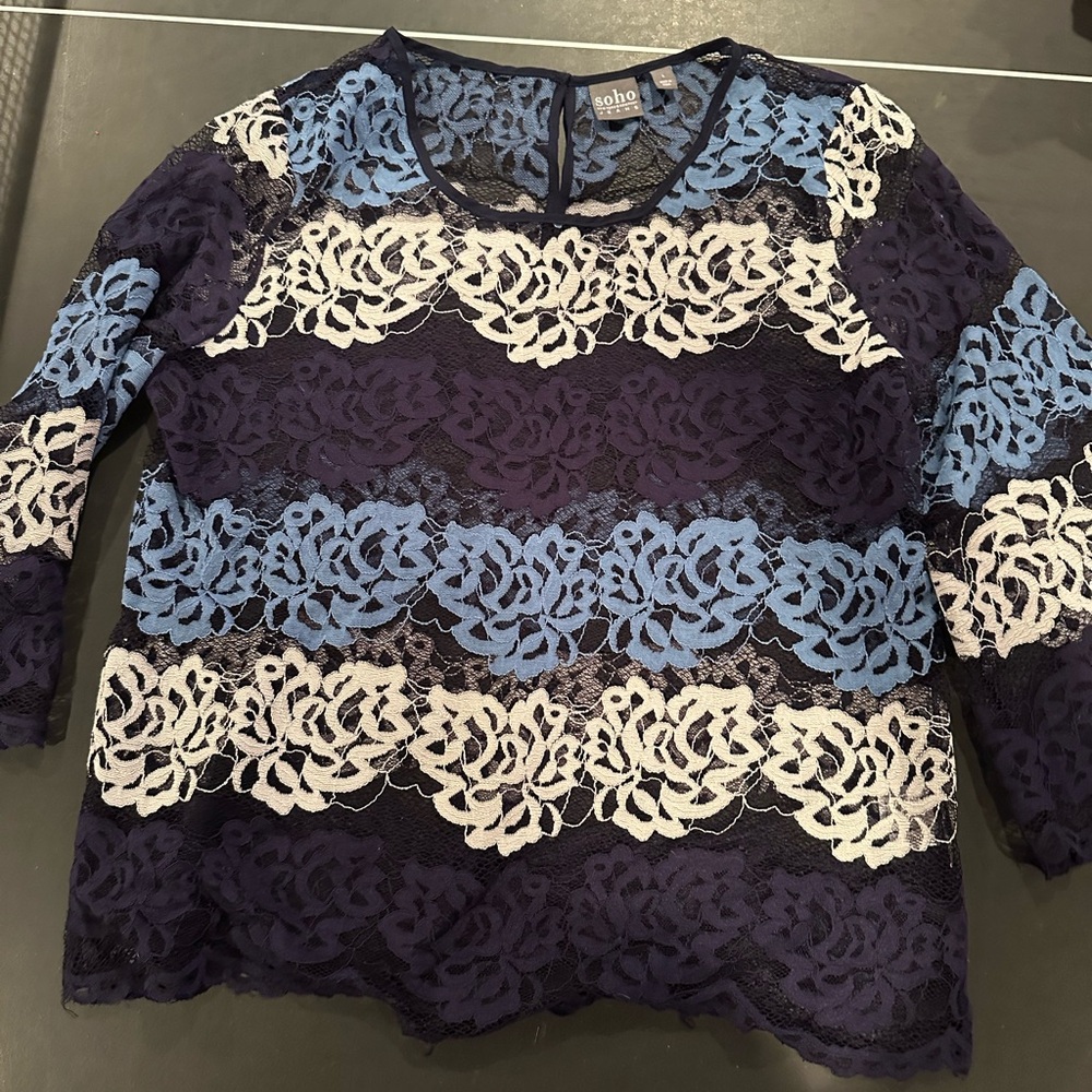Soho Women's Floral Lace Blouse - Dark Blue, Light Blue, and Cream